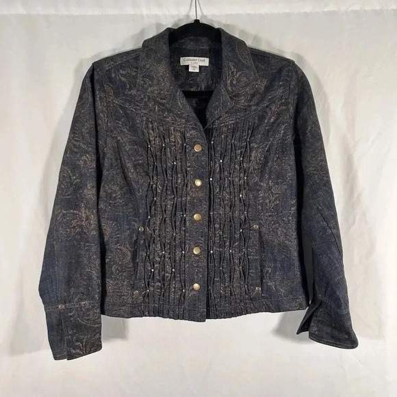 Coldwater Creek Jacket Women's P8 Petite Snap Front Blue Gold Long Sleeve - Picture 1 of 11